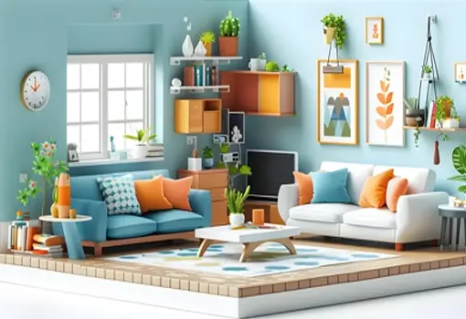 3D flat interior design and material selection