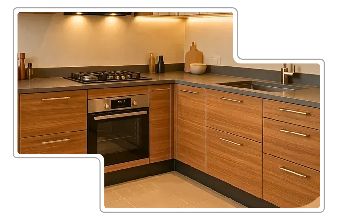 Custom modular kitchen with wooden cabinets and built-in appliances.